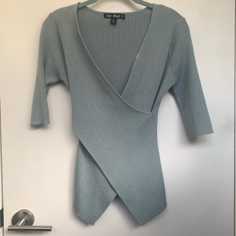 Dusty Blue Ribbed Wrap Top